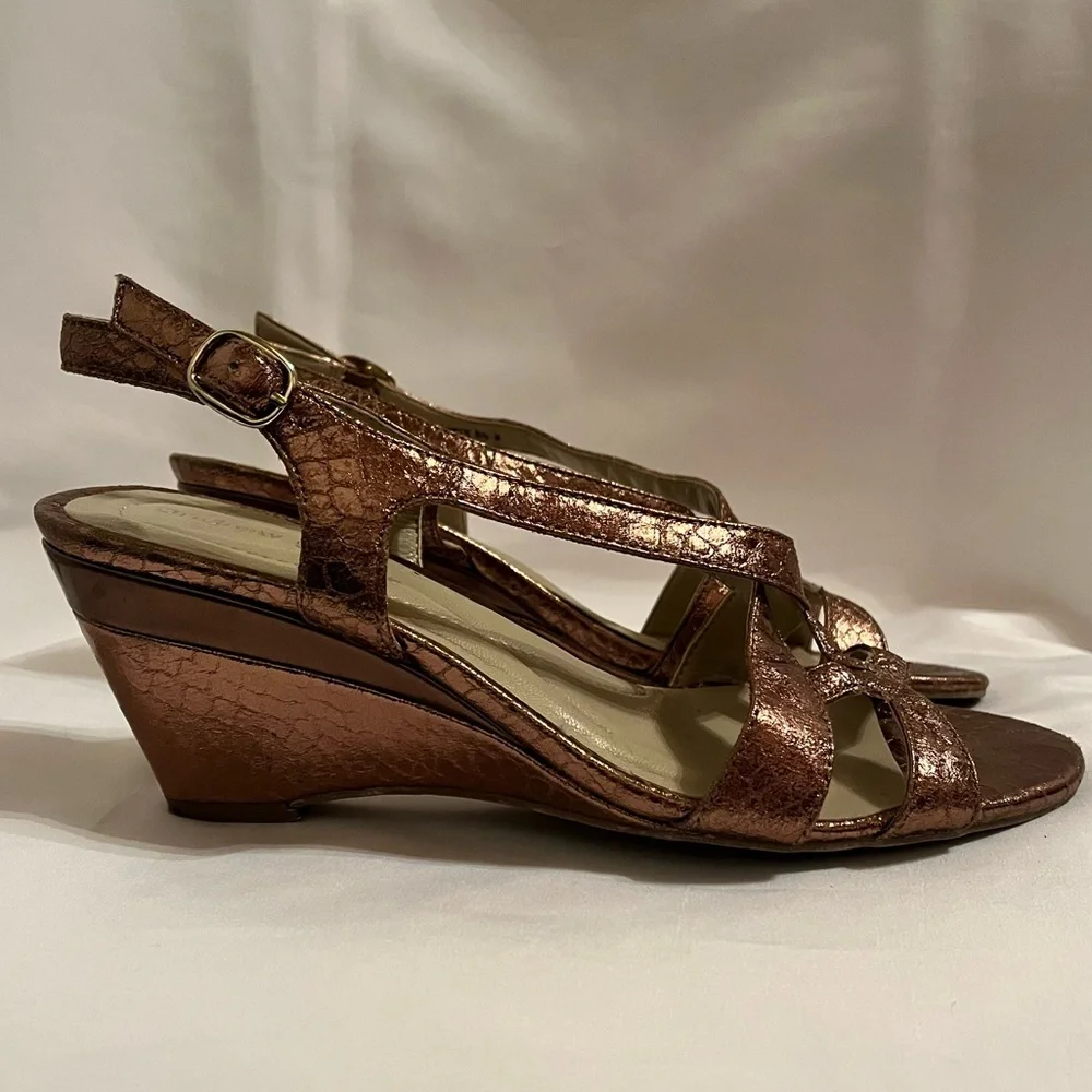 Andrew Geller Elden Metallic Bronze Wedges size 8.5 Snakeskin Print Sandals